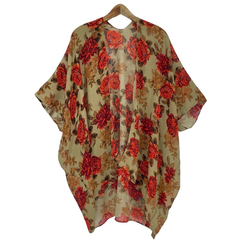 Gold Coast Kimono OS Midi Antique Floral Roses Woven Cover Up Casual NEW